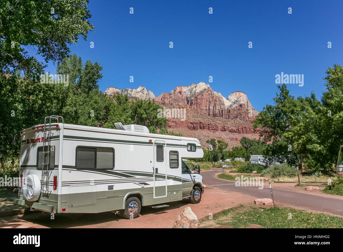 Wohnmobil auf einem Campingplatz im Zion National Park, USA Stockfoto