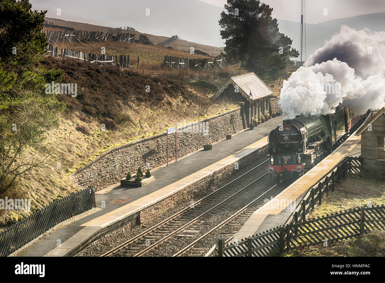 Dent, UK. 14. Februar 2017. Der erste Dampf geschleppt Dienst Zug seit 50 Jahren gesehen hier Durchreise Dent Station auf der Settle Carlisle Linie. Tornado Dampf Enngine LNER A1 Klasse. Andrew Fletcher/Alamy Live-Nachrichten Stockfoto