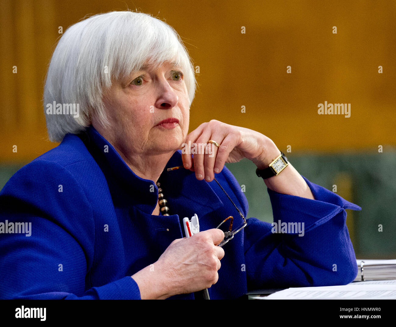 Janet L. Yellen, Stuhl, Board of Governors des Federal Reserve System, bezeugt vor dem United States Senate Committee on Banking, Housing & Urban Affairs auf "The halbjährlichen monetäre Politik Bericht, der Kongress" auf dem Capitol Hill in Washington, DC auf Dienstag, 14. Februar 2017. Bildnachweis: Ron Sachs/CNP /MediaPunch Stockfoto