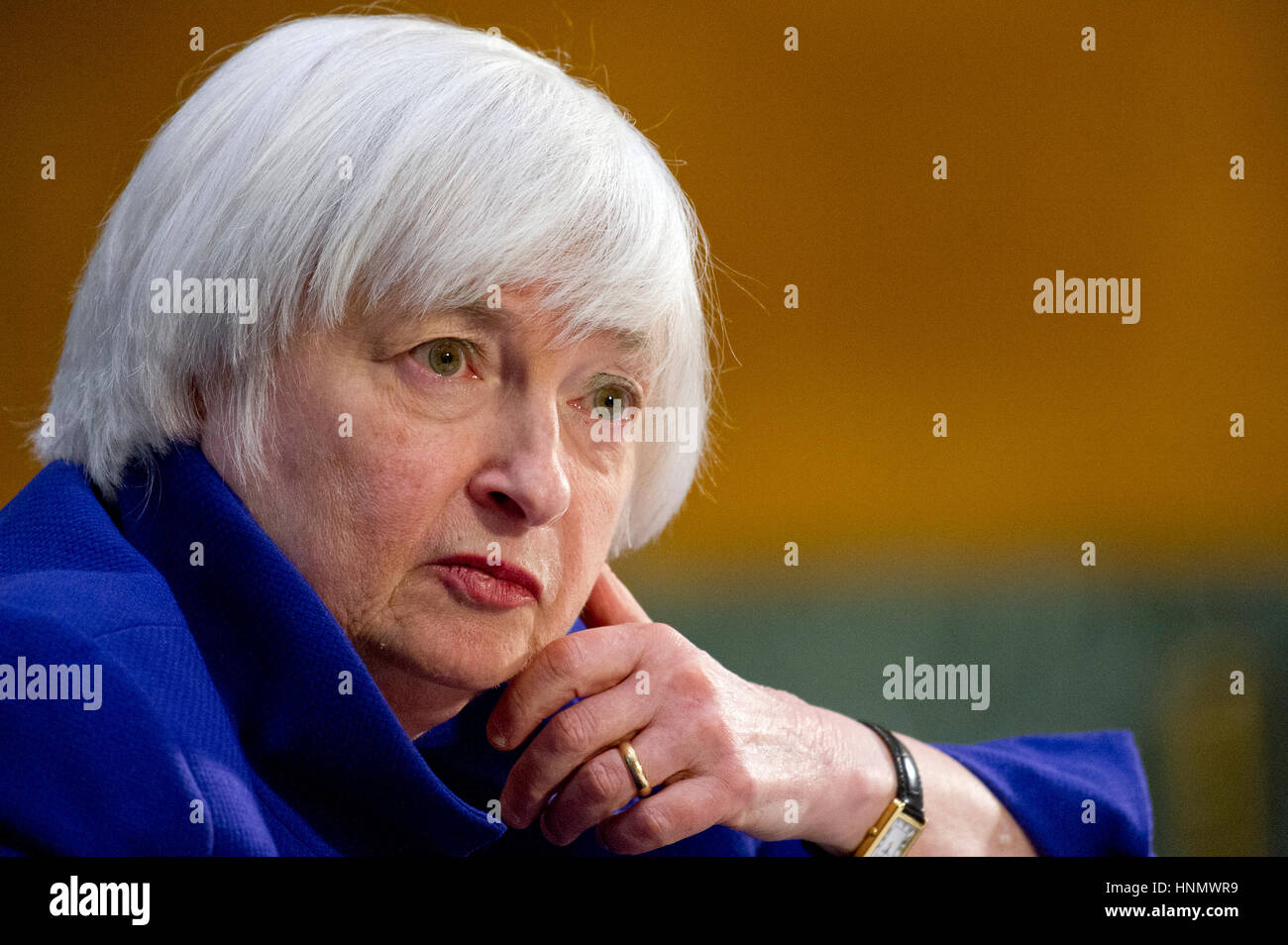 Janet L. Yellen, Stuhl, Board of Governors des Federal Reserve System, bezeugt vor dem United States Senate Committee on Banking, Housing & Urban Affairs auf "The halbjährlichen monetäre Politik Bericht, der Kongress" auf dem Capitol Hill in Washington, DC auf Dienstag, 14. Februar 2017. Bildnachweis: Ron Sachs/CNP /MediaPunch Stockfoto