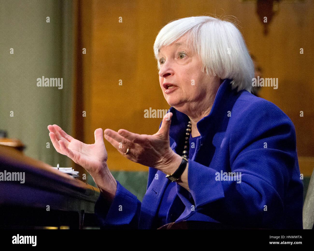 Janet L. Yellen, Stuhl, Board of Governors des Federal Reserve System, bezeugt vor dem United States Senate Committee on Banking, Housing & Urban Affairs auf "The halbjährlichen monetäre Politik Bericht, der Kongress" auf dem Capitol Hill in Washington, DC auf Dienstag, 14. Februar 2017. Bildnachweis: Ron Sachs/CNP /MediaPunch Stockfoto