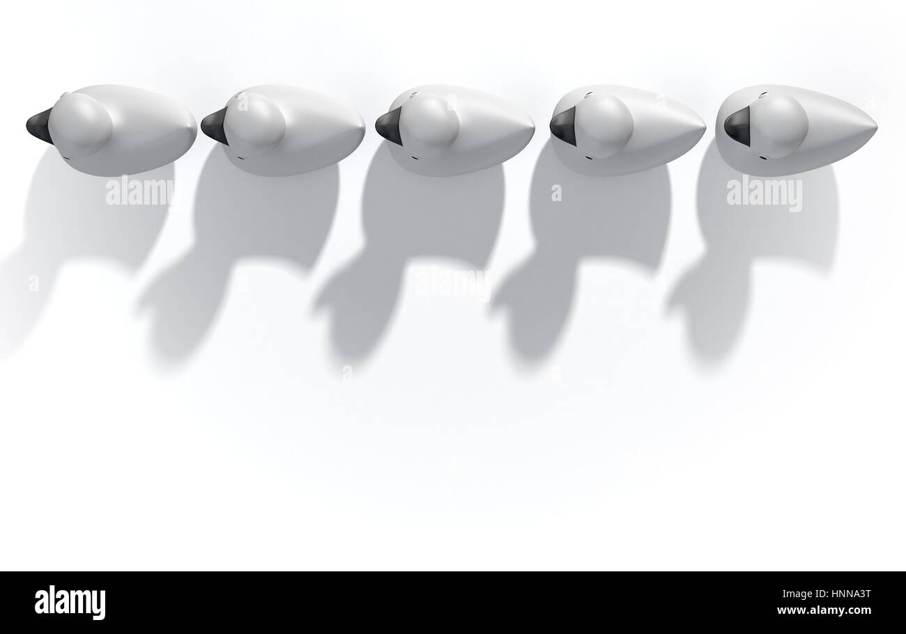 Eine Reihe von organisiert und bereit, graue Bad Gummiente, das Spielzeug auf einem isolierten Hintergrund - 3D render Stockfoto