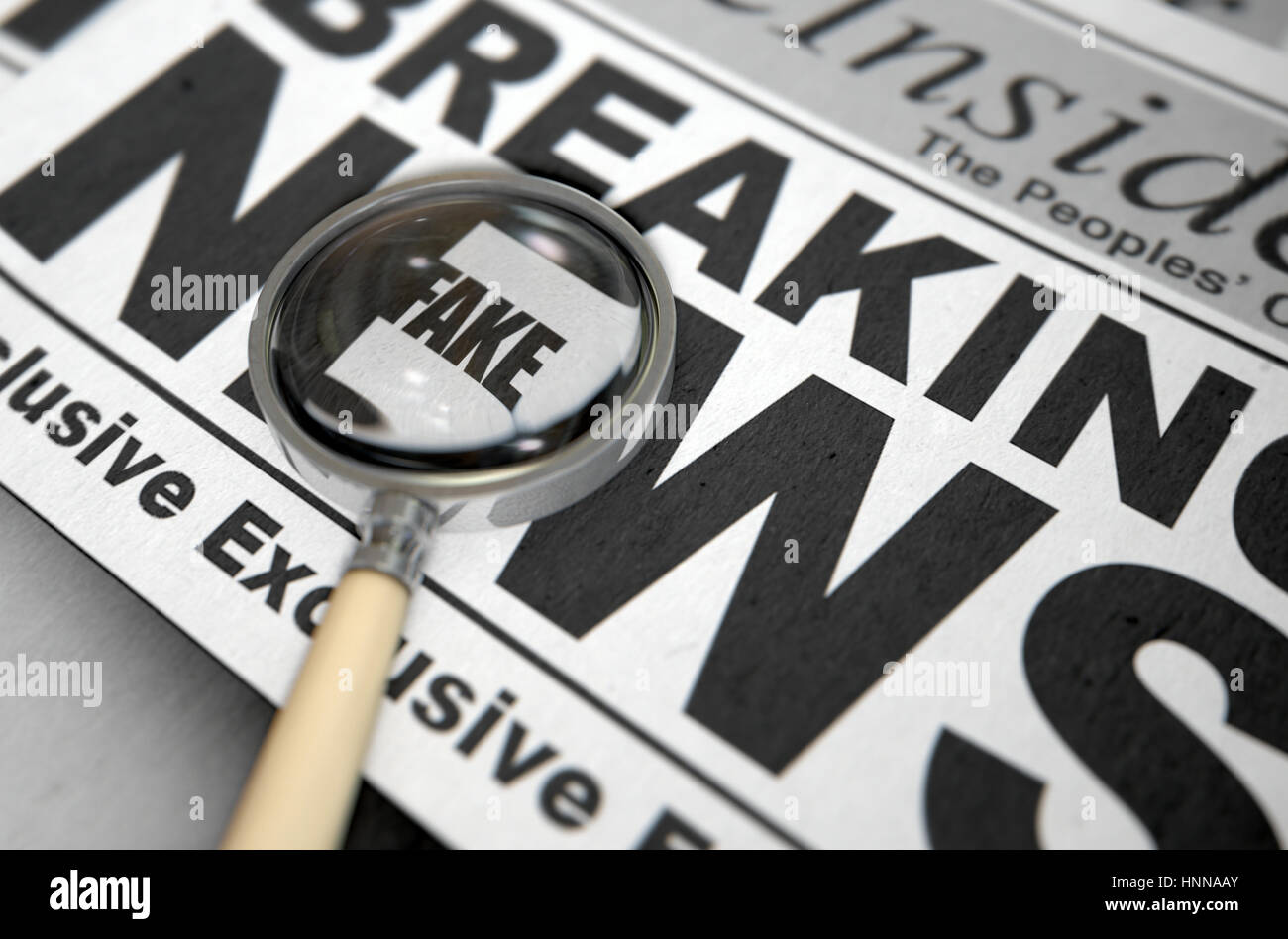 Eine gefälschte Nachrichten-Konzept mit einer gedruckten Zeitung mit einer Lupe Hervorhebung eine unterschwellige Botschaft auf der Titelseite Überschrift - 3D render Stockfoto