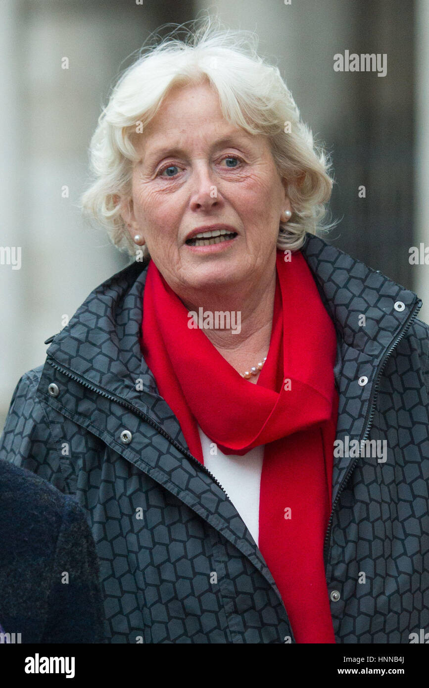 Tini Owens verlässt die Royal Courts of Justice in London, wo die 66-jährige Frau, die sich von ihrem fast 40-jährigen Mann scheiden lassen will, wartet, um zu sehen, ob sie einen "außergewöhnlich ungewöhnlichen" Gerichtskampf am Valentinstag gewonnen hat. Stockfoto