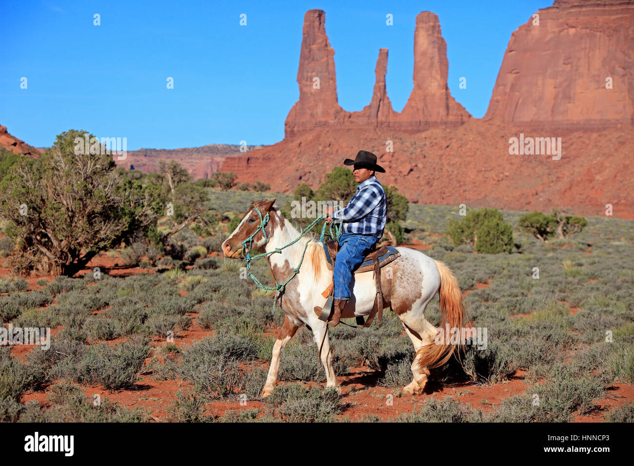 Navajo-Cowboy, Mustang, (Equus Caballus), Monument Valley, Utah, USA, Nordamerika, Cowboy Reiten auf Mustang Stockfoto