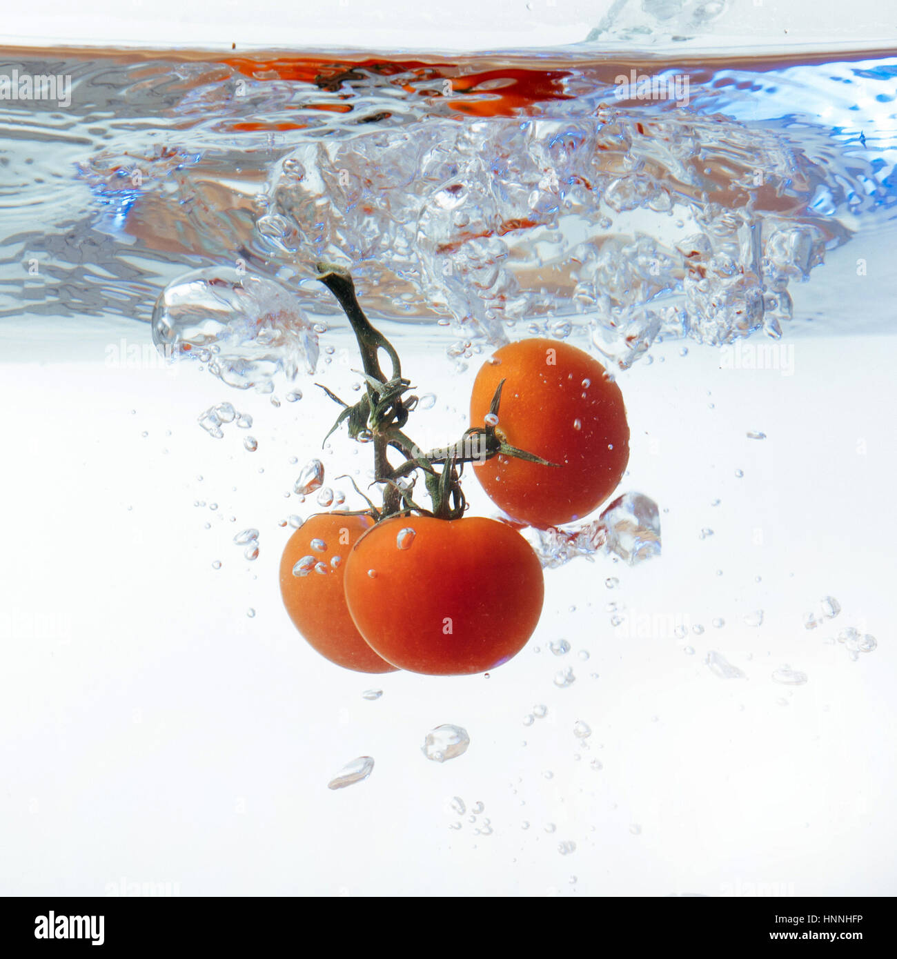 Frische Tomaten mit Spritzwasser isoliert auf weißem backgr Stockfoto