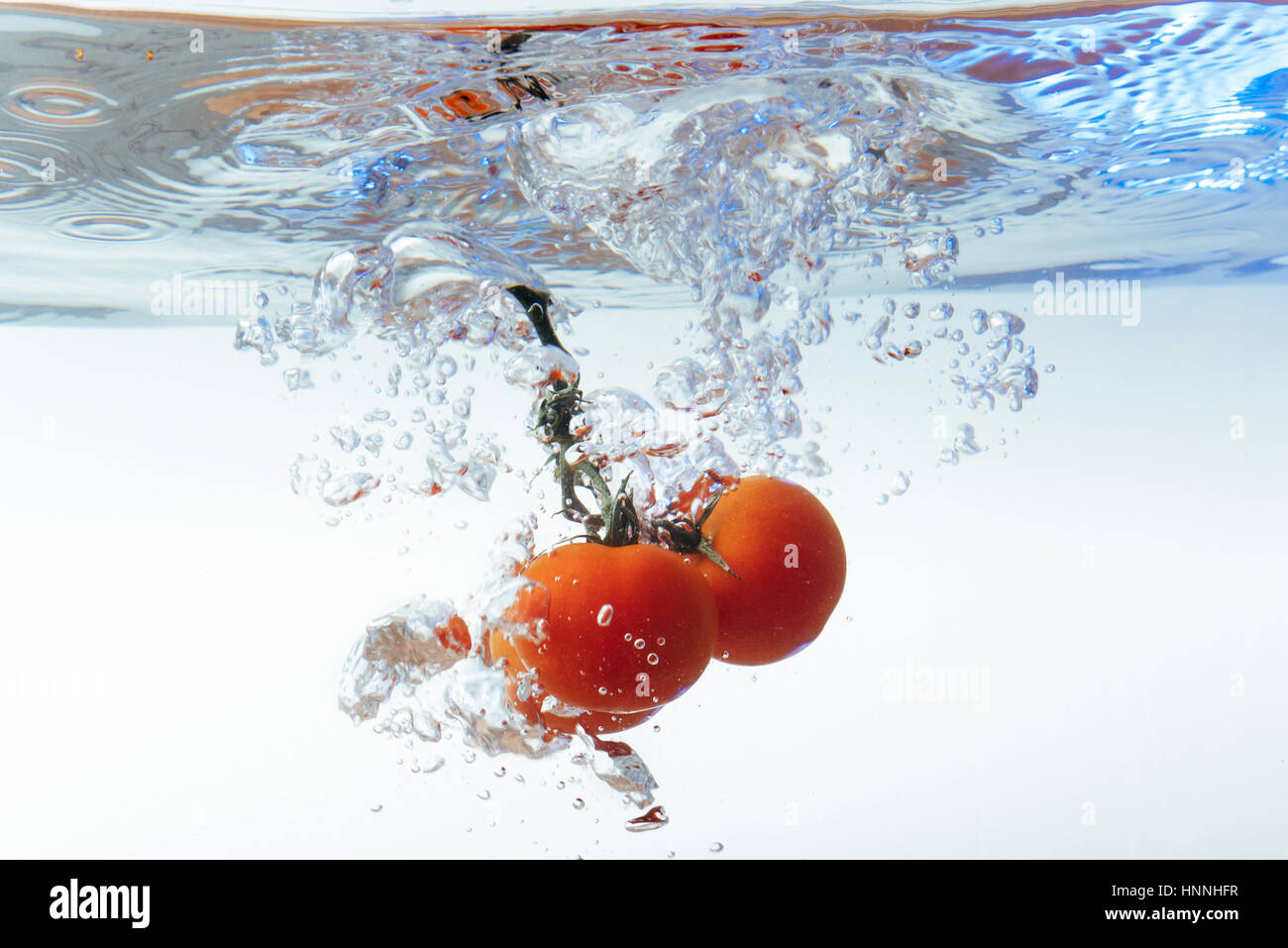 Frische Tomaten mit Spritzwasser isoliert auf weißem backgr Stockfoto