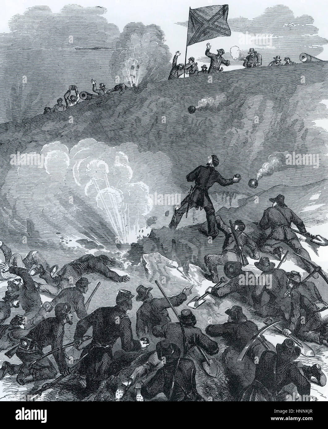 Belagerung von VICKSBURG Mai-Juli 1863. Ein Anschluß-Armee Assault zeigt die primitiven Handgranaten im Einsatz während des amerikanischen Bürgerkriegs Stockfoto