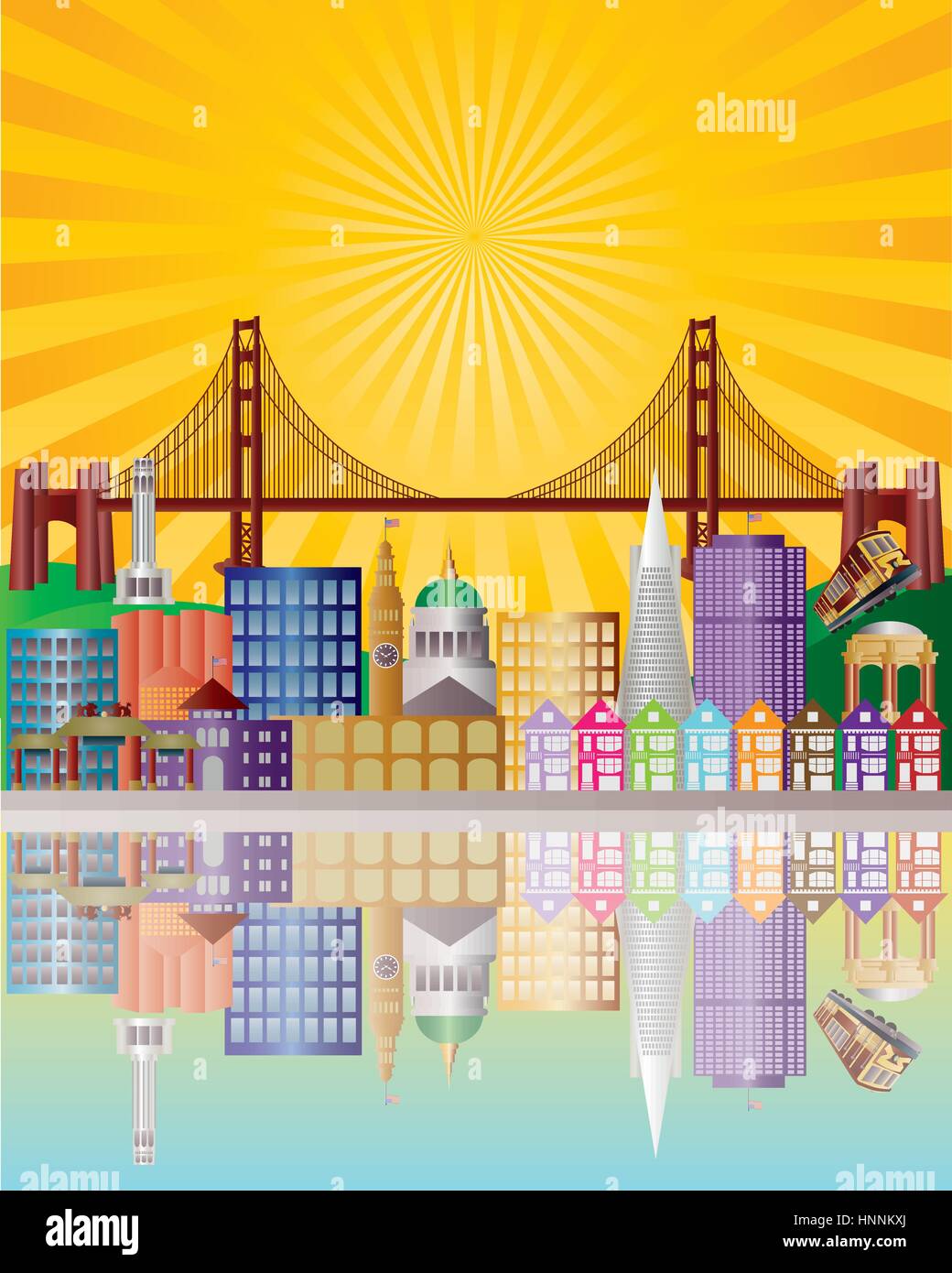 San Francisco Kalifornien Stadt Skyline mit Golden Gate Bridge mit Sunrise Hintergrund Illustration Stock Vektor