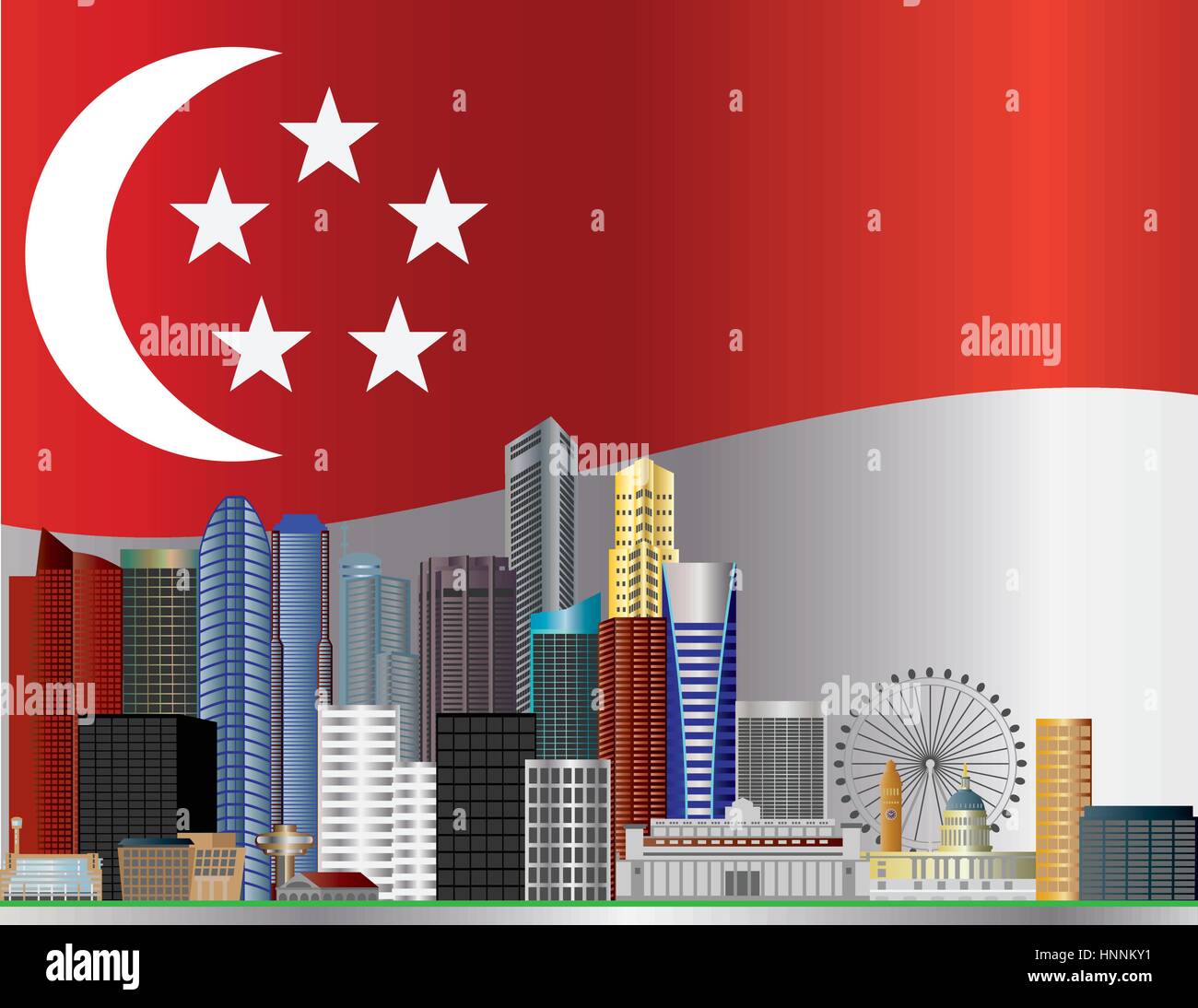 Skyline von Singapur mit Singapore Flagge Hintergrund Illustration Stock Vektor