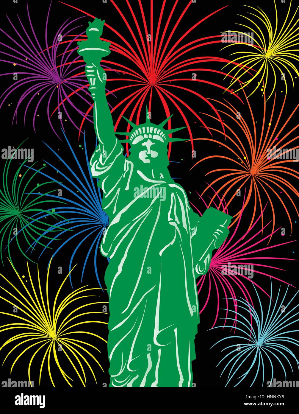 Statue of Liberty auf Staten Island in New York City mit Feuerwerk Hintergrund Illustration Stock Vektor