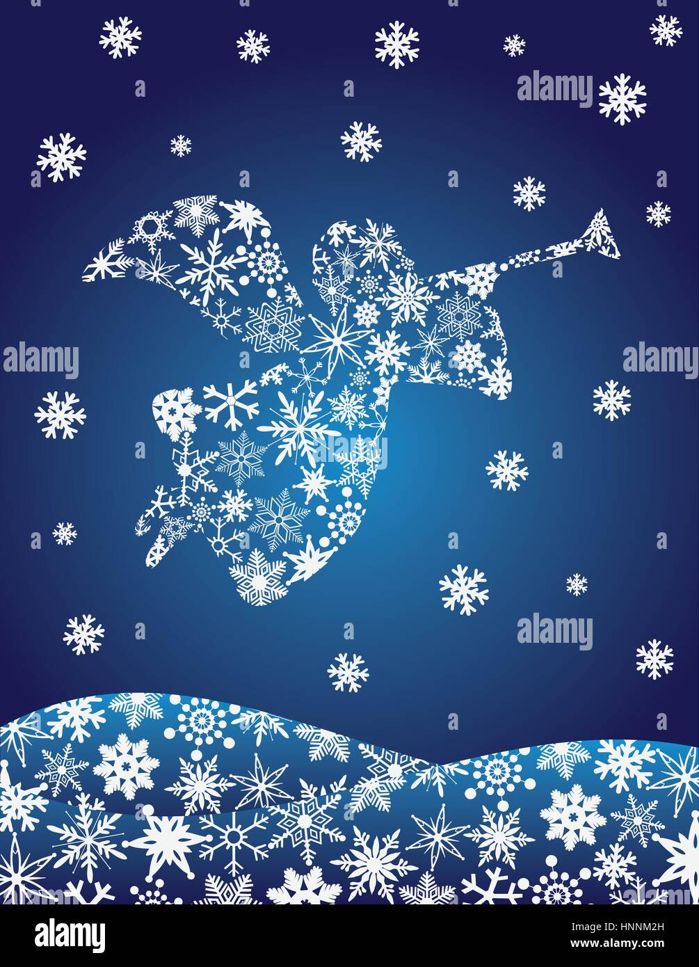 Weihnachtsengel mit Trompete Silhouette mit Schneeflocken-Illustration Stock Vektor