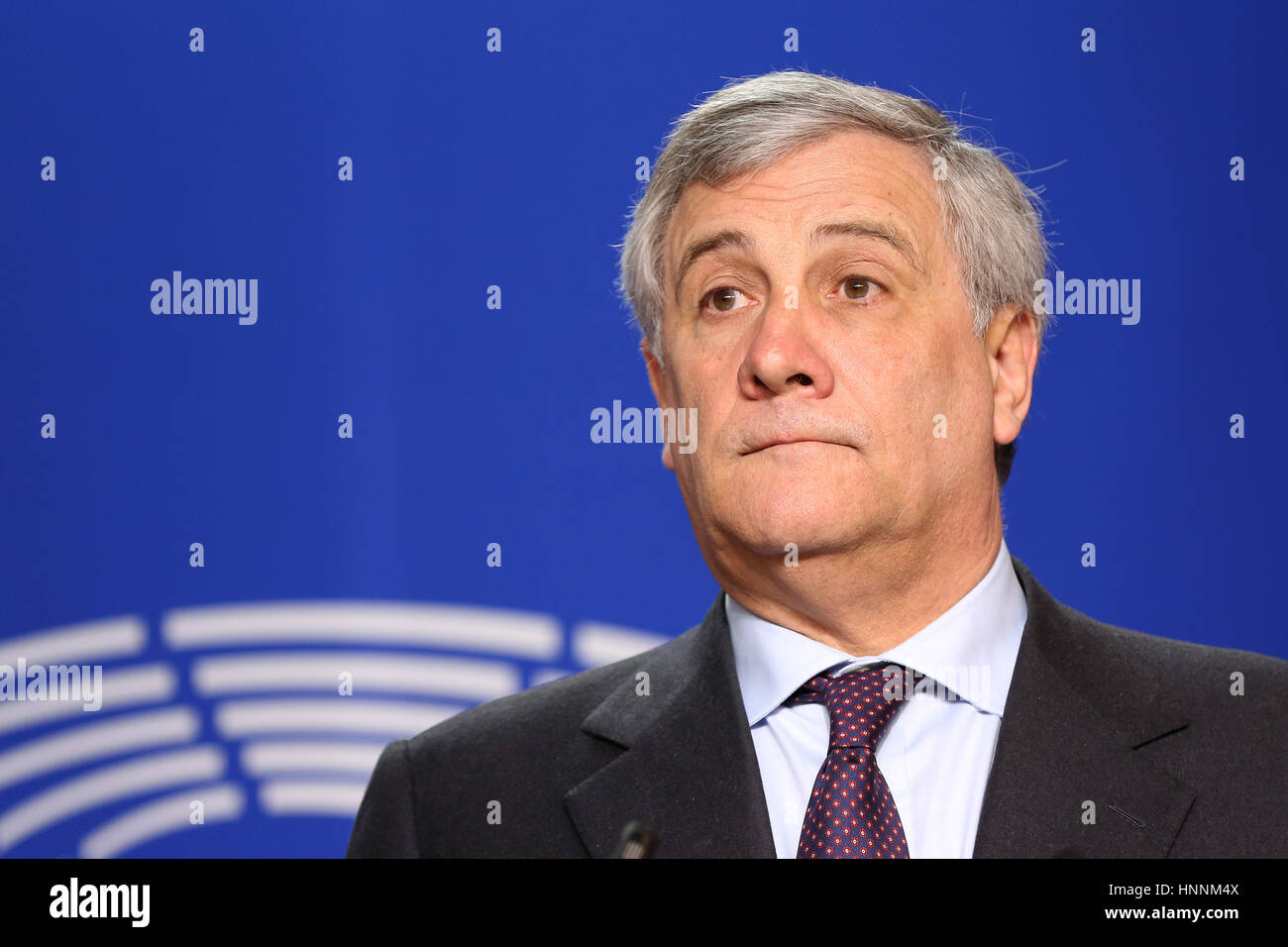 Brüssel, Belgien - 30. Januar 2017: Präsident des Europäischen Parlaments Antonio Tajani spricht zu den Medien nach bulgarischen Präsidenten Treffen am Europea Stockfoto
