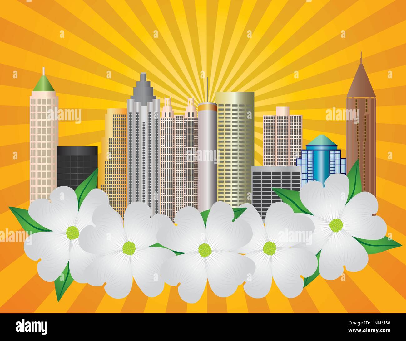 Skyline von Atlanta Georgia mit Sonnenstrahlen und Hartriegel Baum Blumen im Hintergrund Illustration Stock Vektor