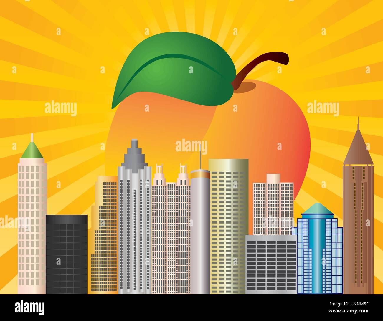 Skyline von Atlanta Georgia mit Sonnenstrahlen und Pfirsichfrucht im Hintergrund Illustration Stock Vektor