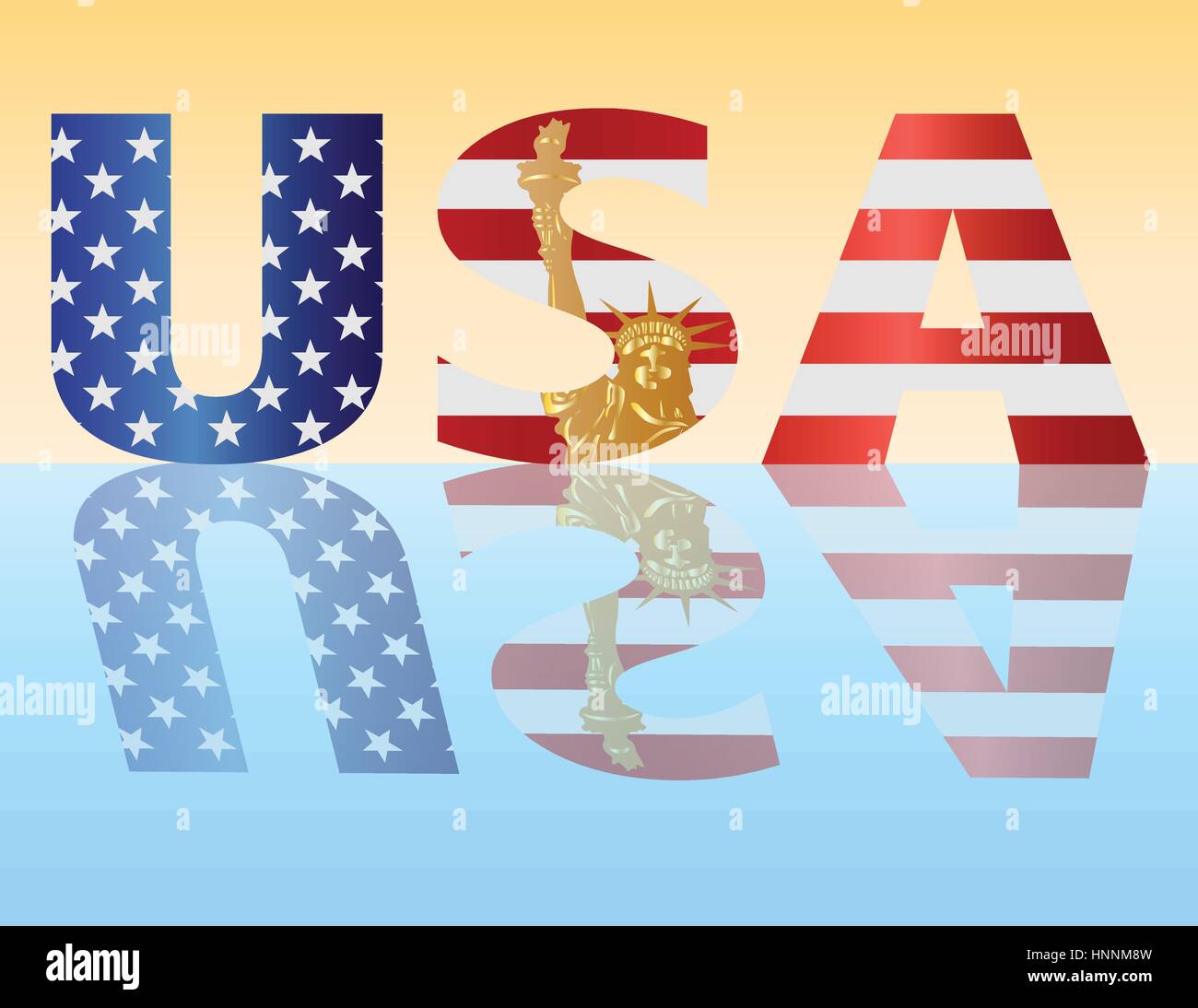 Amerikanische Flagge USA Alphabet Silhouette mit Freiheitsstatue Liberty Abbildung skizziert Stock Vektor