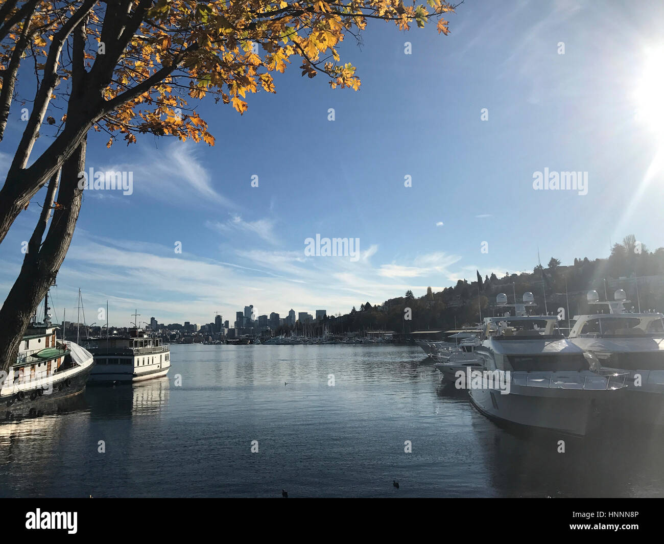 Yachten ankern im Hafen gegen bewölktem Himmel an sonnigen Tag Stockfoto
