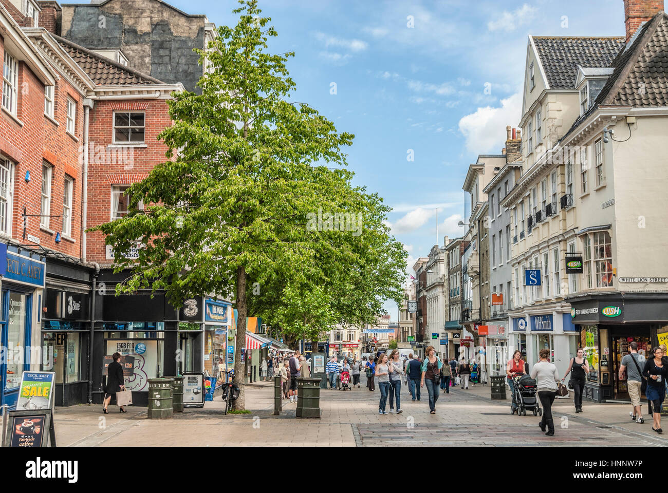 Belebte Einkaufsstraße im Stadtzentrum von Norwich in Norfolk, England, Großbritannien. Stockfoto