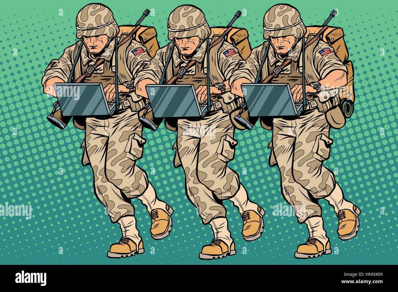 Kader-moderne Cyber-Soldat. Vintage Pop-Art-Retro-Comic-Buch-Vektor-Illustration. Militärische Hacker Stock Vektor