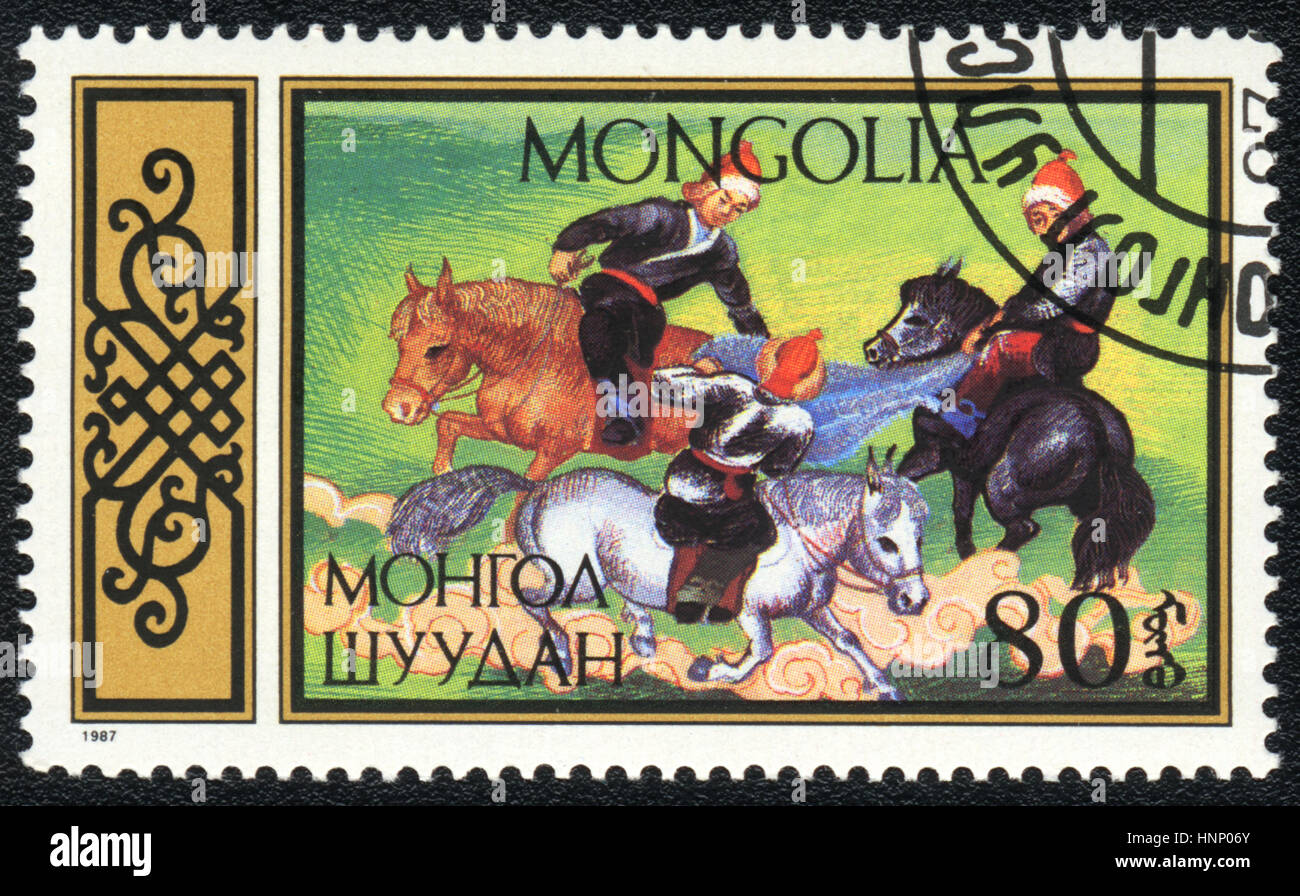 Eine Briefmarke gedruckt in der Mongolei zeigt ein National equestrian sport, nationale Formen der Pferdesport 1987 Stockfoto