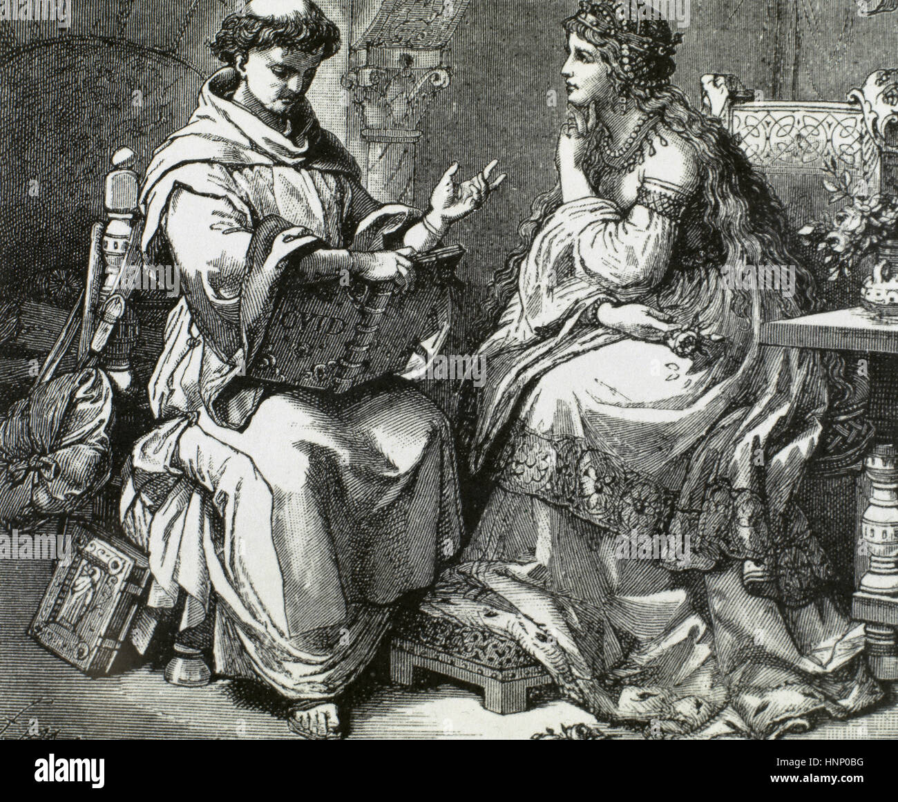 Im Mittelalter. Mönch, ein Buch des römischen Dichters Ovid zu einer Dame. Gravur. des 19. Jahrhunderts. Stockfoto