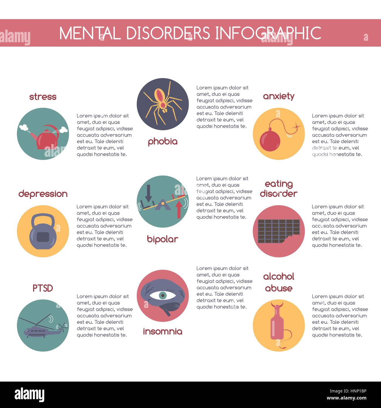 Flache Jugendstil Infografik über die häufigsten psychischen Störungen Stock Vektor