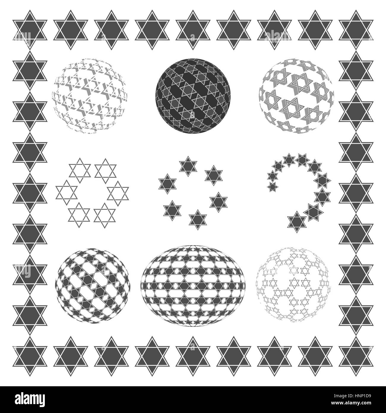 Runde Kugel mit schwarzem Davidstern, jüdische religiöse Symbole festgelegt. Stock Vektor
