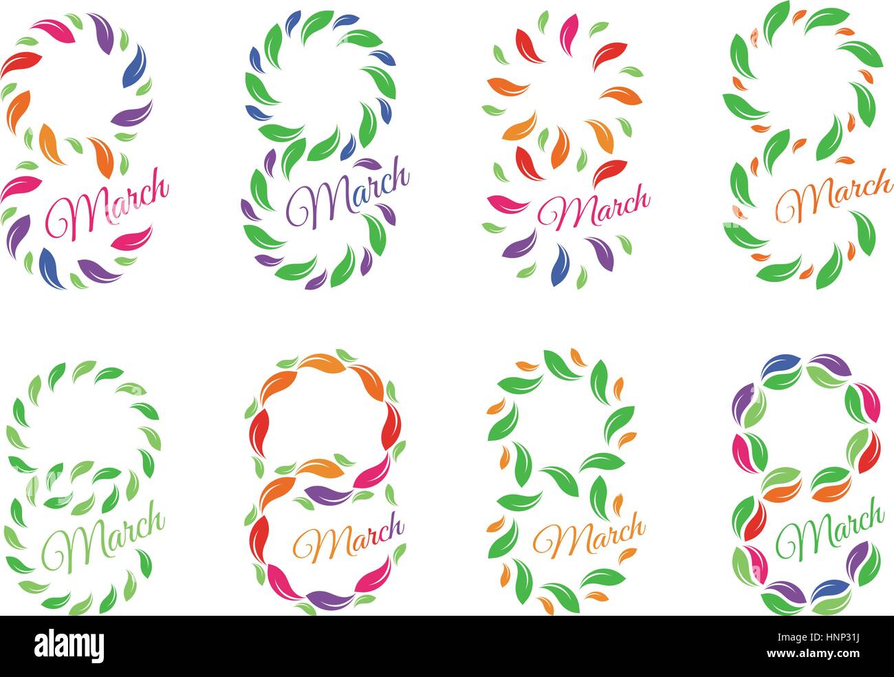 Isolierte bunte Nummer acht der Blätter und Blüten mit Wort März Icons Set, internationalen Frauen Tag Grußkarte Elemente Vektor Illustrationen Sammlung. Stock Vektor