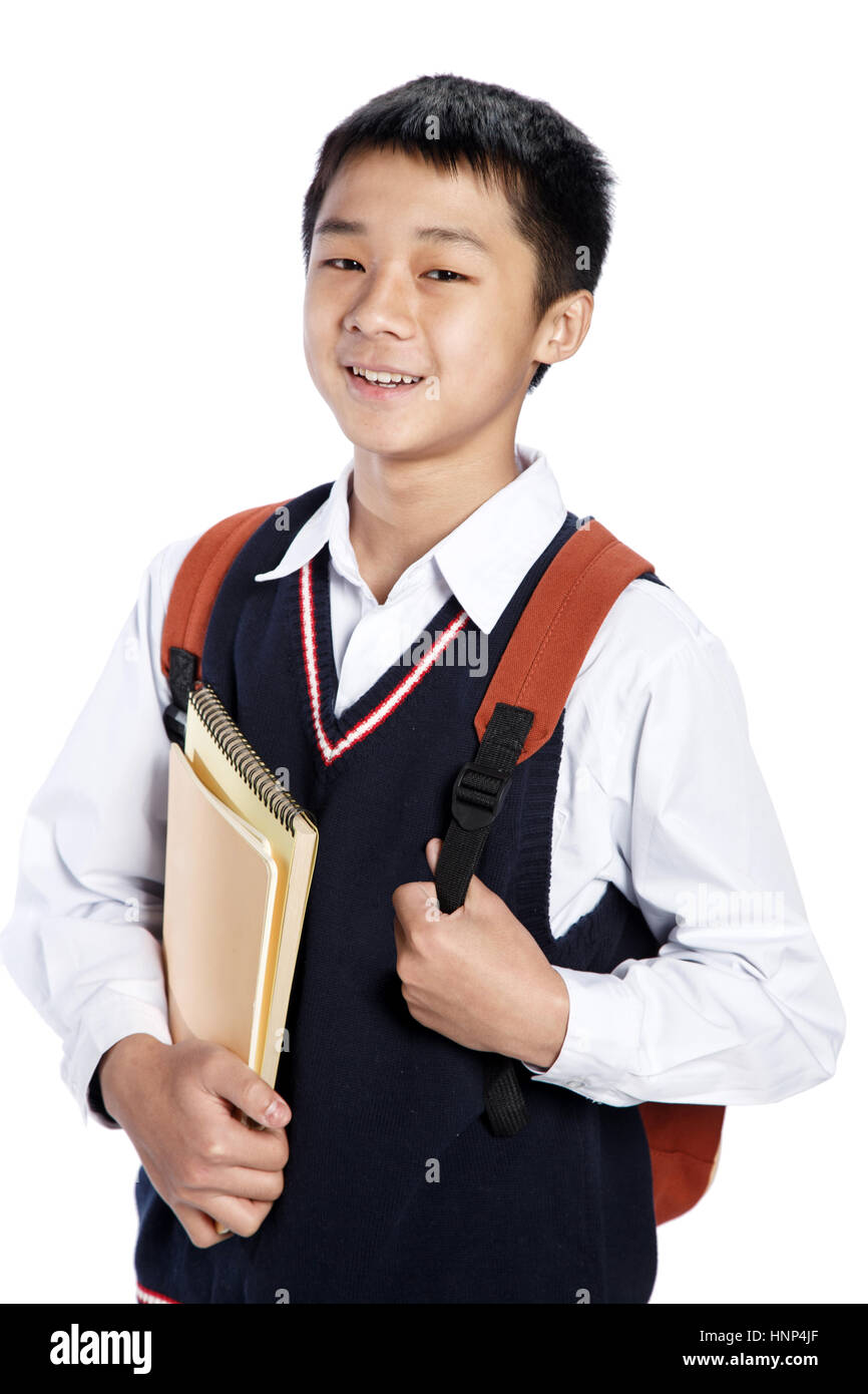 Eine Mittelschule jungen mit einer Tasche Stockfoto
