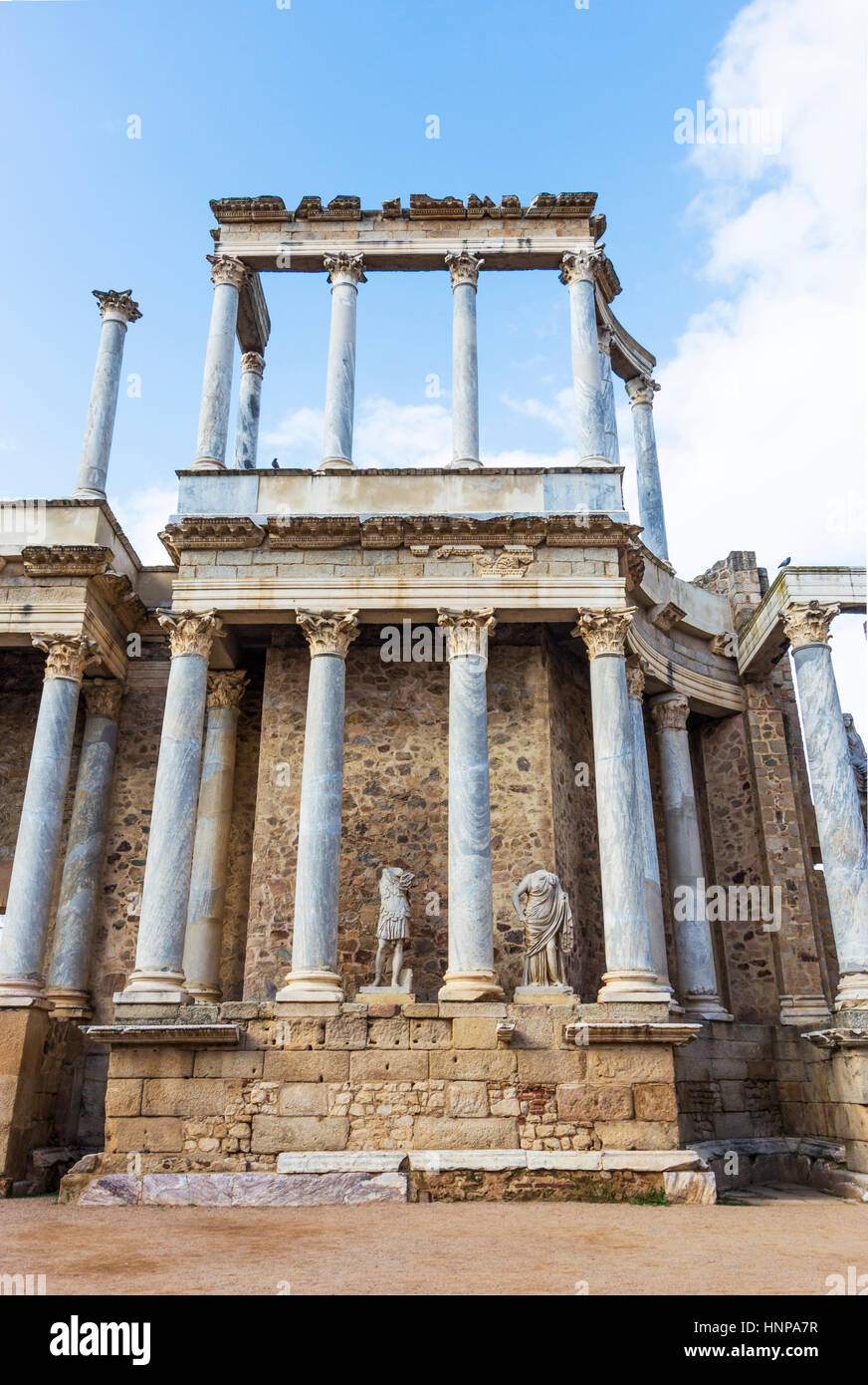 Merida, Provinz Badajoz, Extremadura, Spanien. Detail der Bühne des römischen Theaters, gebaut in den Jahren 16 bis 15 BCE. Stockfoto