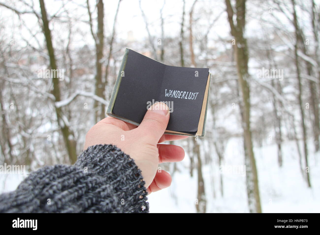 Fernweh. Hand hält ein Buch mit der Aufschrift auf dem Hintergrund des Winterwaldes Stockfoto