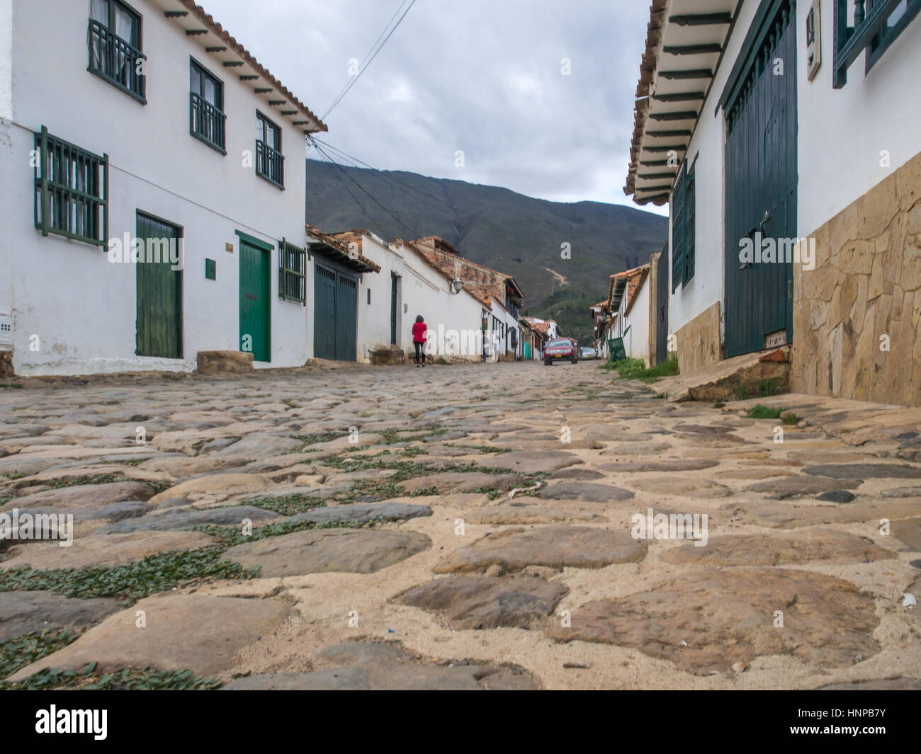 Villa de Leyva, Kolumbien - 2. Mai 2016: die gepflasterten und antiken Straße der Stadt Stockfoto