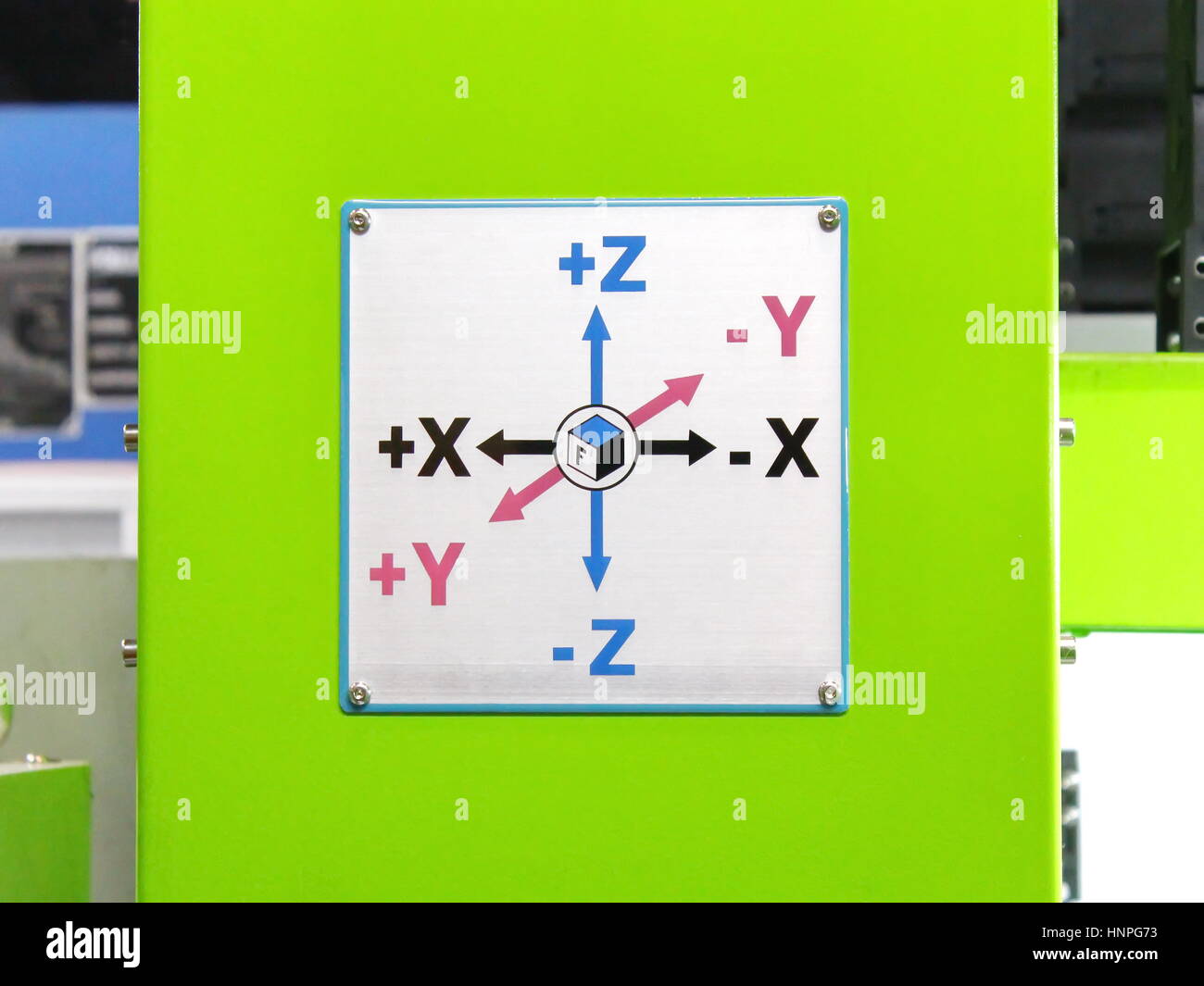 X Y Z Achse Pfeile an Bord auf industrielle Maschine Stockfoto