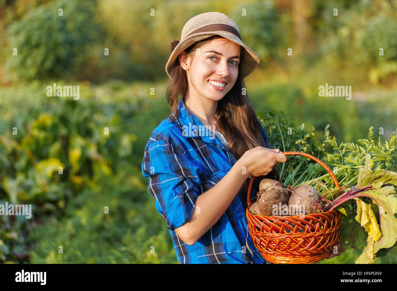 Gärtner mit erntefrischem Gemüse im Garten mit Sonnenlicht. Porträt der glückliche Frau mit einem Korb voller Gemüse. Ernte. Stockfoto