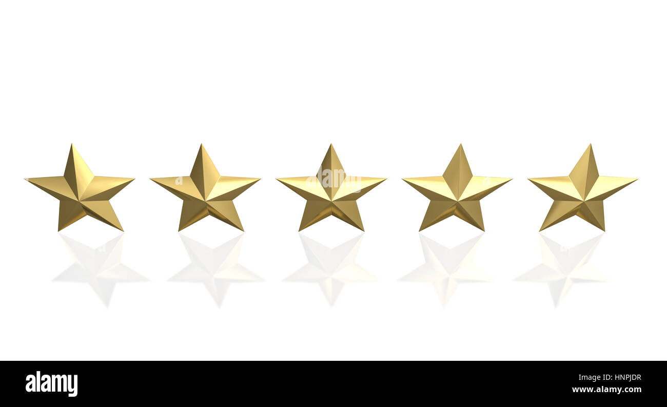 5 goldene Sterne Qualität Konzept 3d Render Bild Stockfoto
