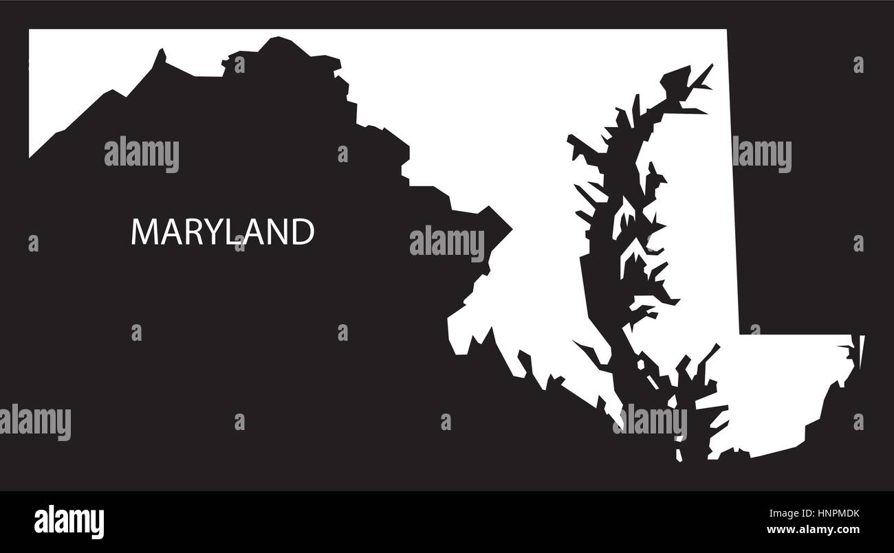Maryland USA Karte schwarz invertiert silhouette Stock Vektor