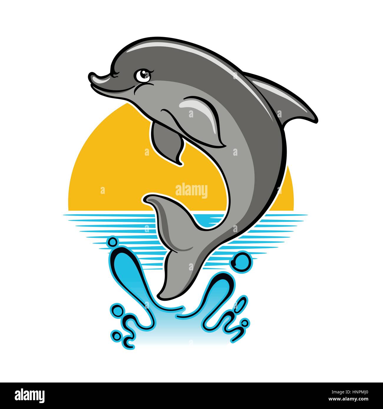 Delphin und einen Spritzer Wasser gegen Sonnenuntergang springen. Vektor-Illustration im Cartoon-Stil. Stock Vektor