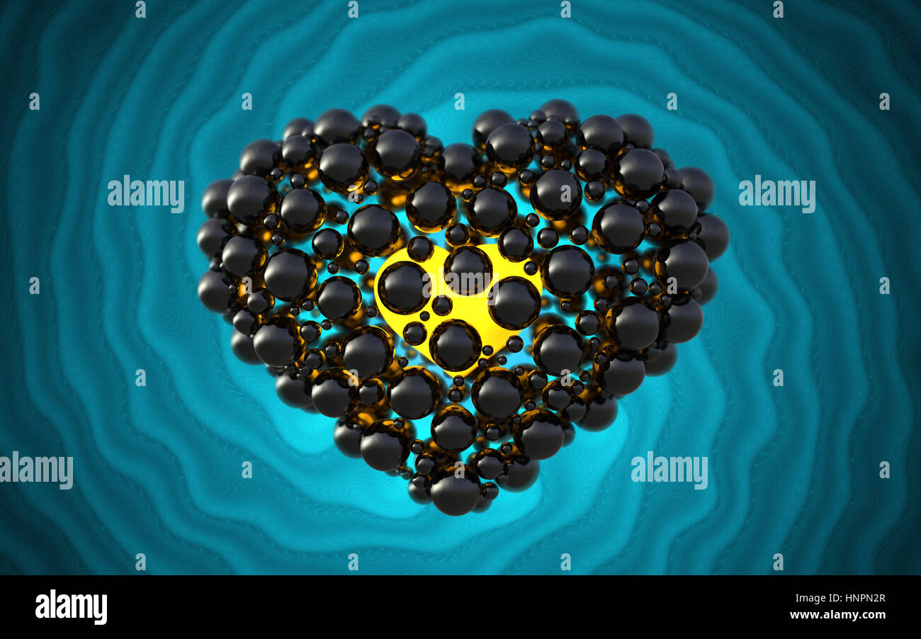 schwarzes Herz gemacht Kugeln mit Reflexionen auf Evolventen hellen Hintergrund isoliert. Happy Valentinstag 3d illustration Stockfoto