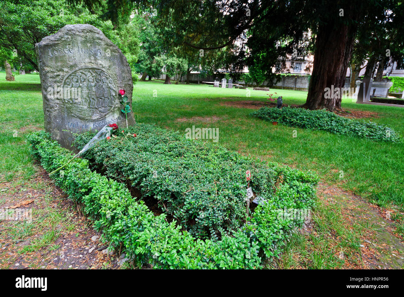 Grabstein von Jorge Luis Borges, Cimetière des Rois (Cemetry of Kings), Plainpalais, Genf, Schweiz Stockfoto