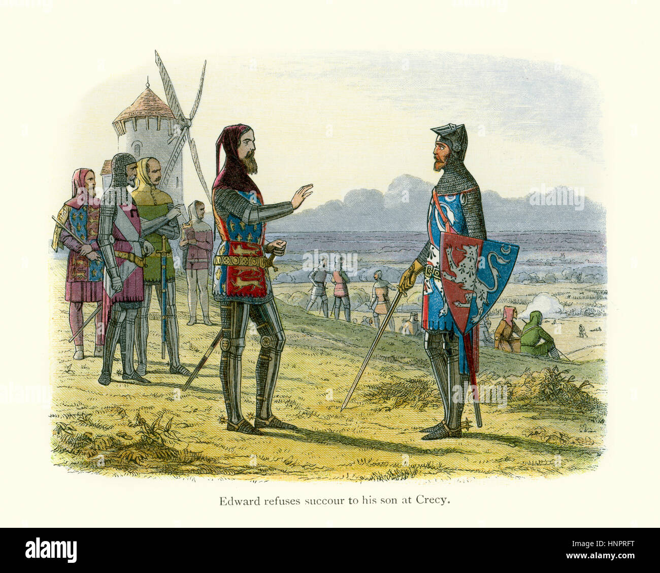 König Edward III weigert sich, seinem Sohn der schwarze Prinz an der Schlacht von Crécy 1346 zu helfen.  Edward III 16 Jahre alte Sohn, der schwarze Prinz kam un Stockfoto