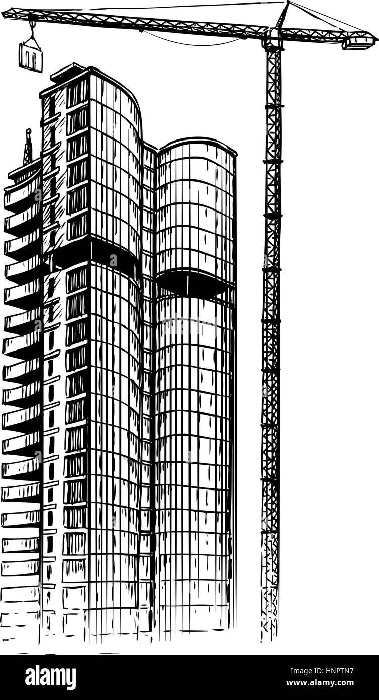 Gebäude-Wolkenkratzer, Skizze. Stadt, Bau-Vektor-illustration Stock Vektor