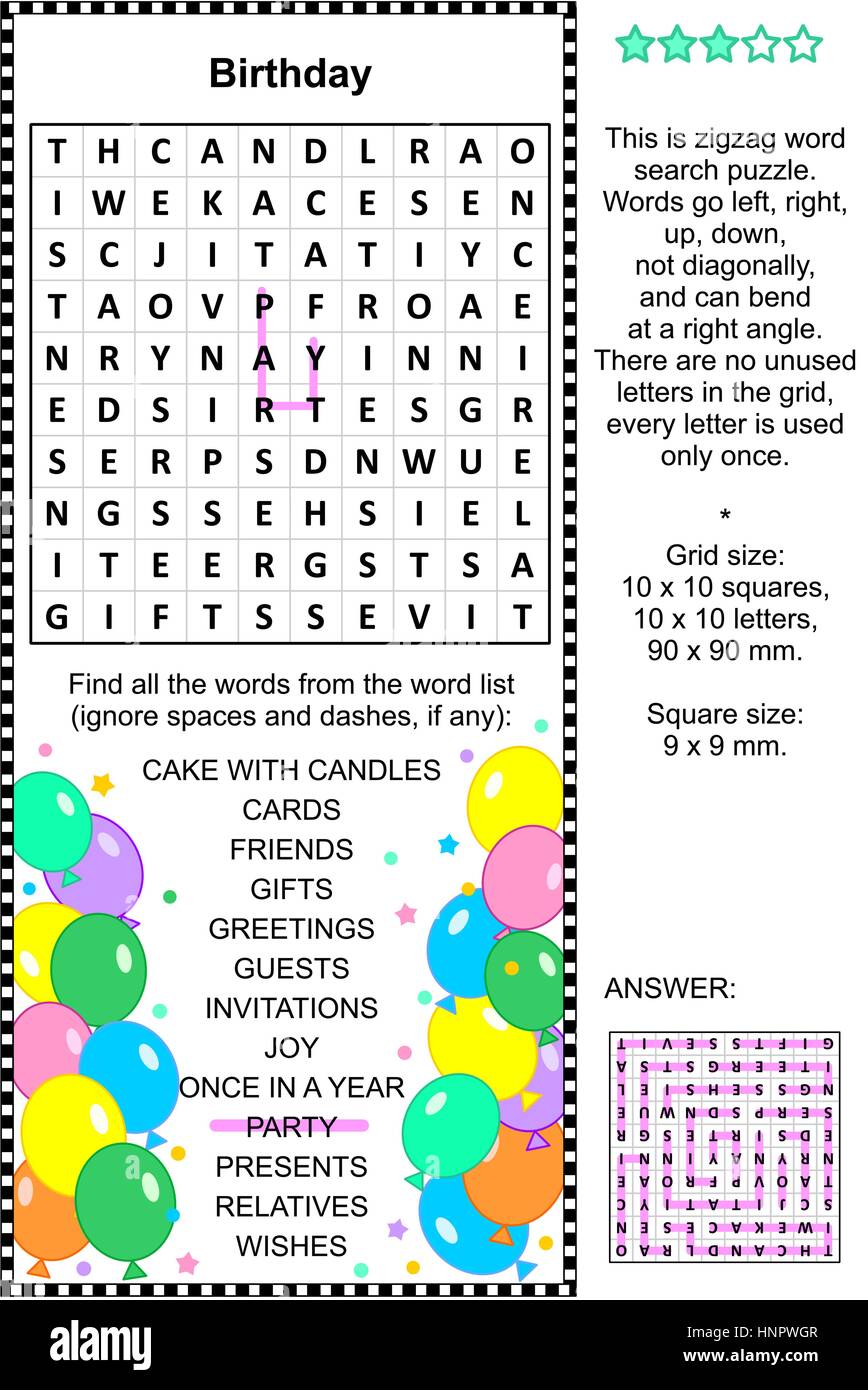 Geburtstag themed Word Search Puzzle. Antwort enthalten. Stock Vektor