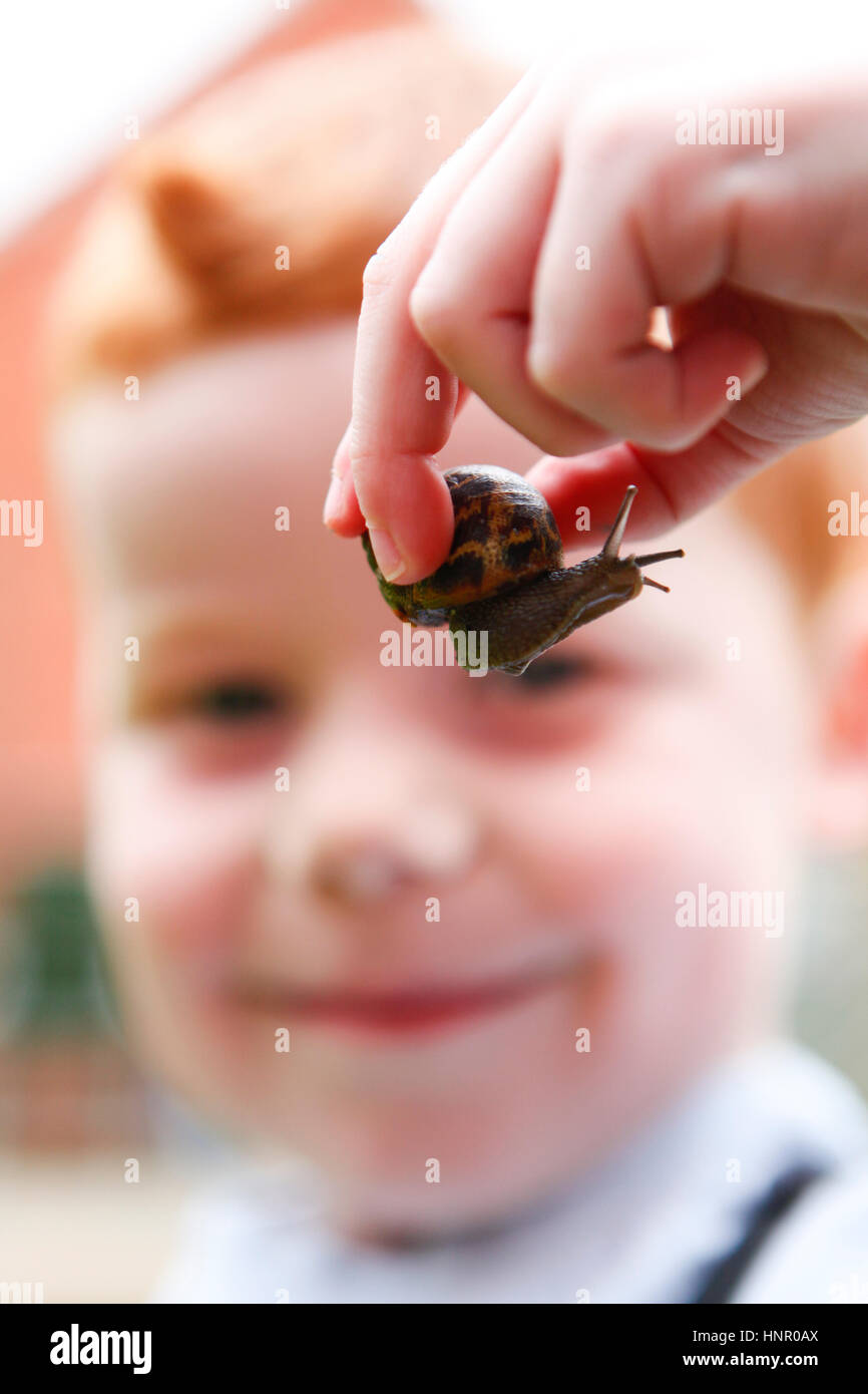 Ein fünf Jahre alter Junge spielt mit einer Schnecke in seinem Garten Stockfoto