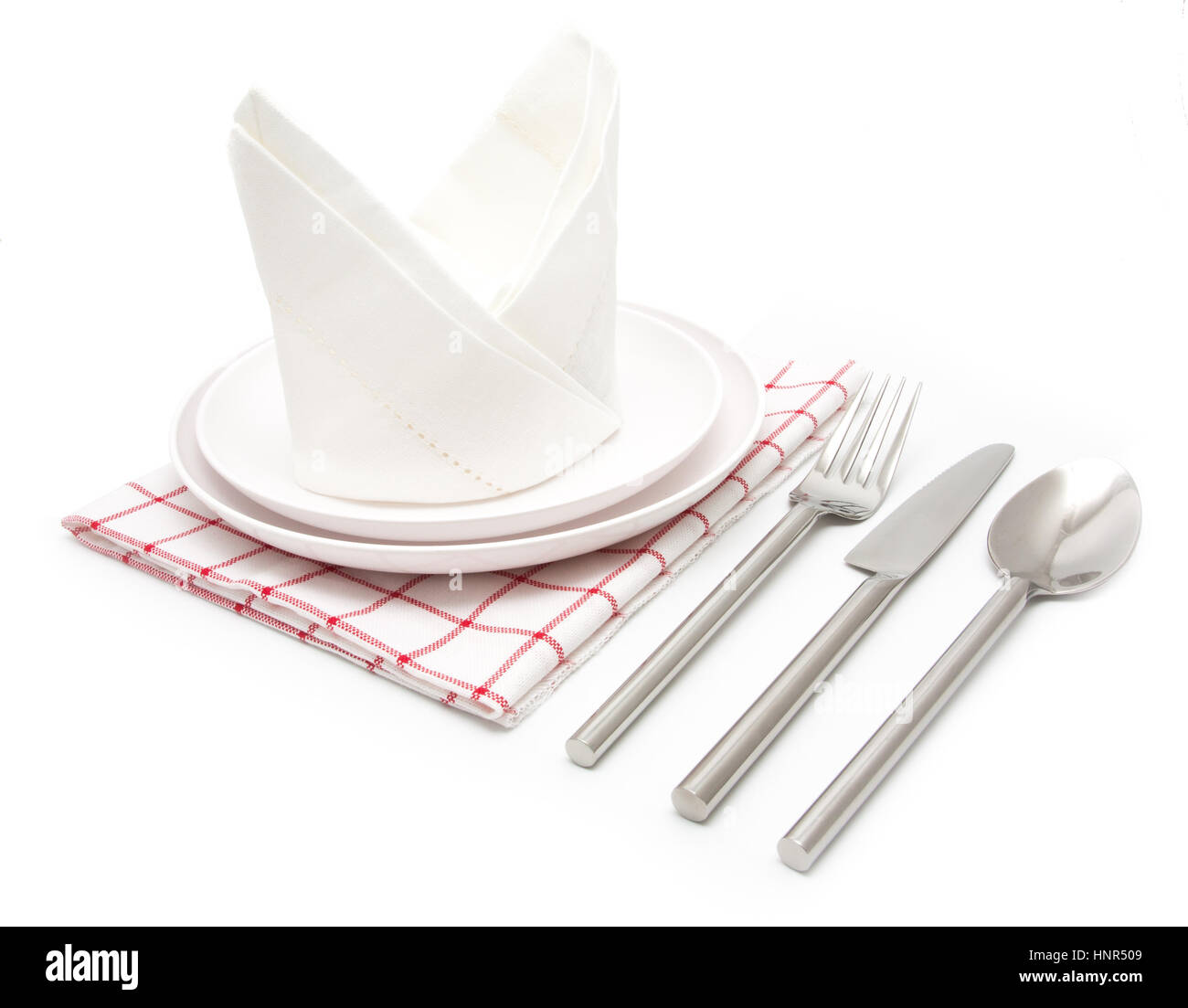 Abendessen auch Gabel und Messer auf weiße Serviette Stockfoto
