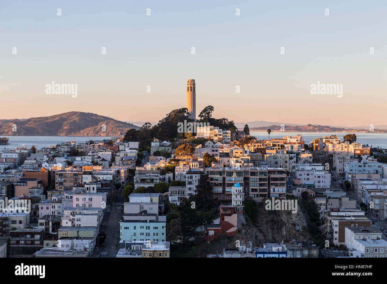 San Francisco, Kalifornien, USA - 13. Januar 2013: Spät am Nachmittag auf Coit Tower und Fernschreiber-Hügel nahe der Innenstadt von San Francisco. Stockfoto