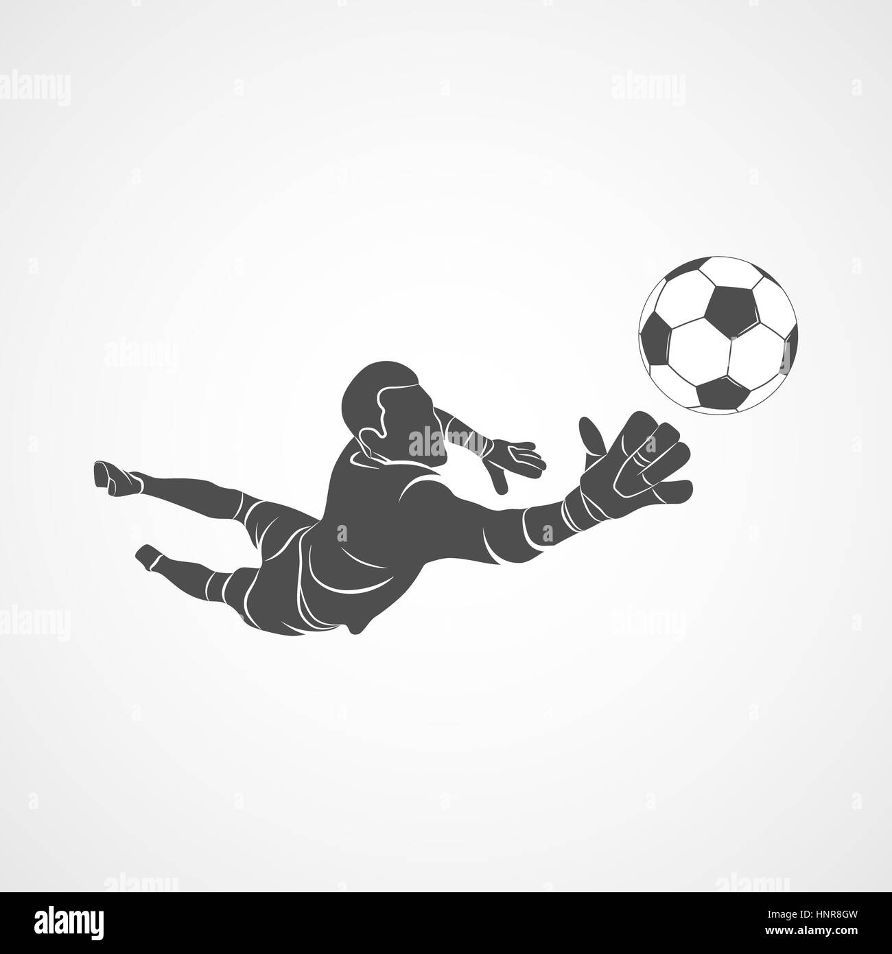 Silhouette-Fußball-Torwart springt für den Ball Fußball auf einem weißen Hintergrund. Foto-Illustration. Stockfoto