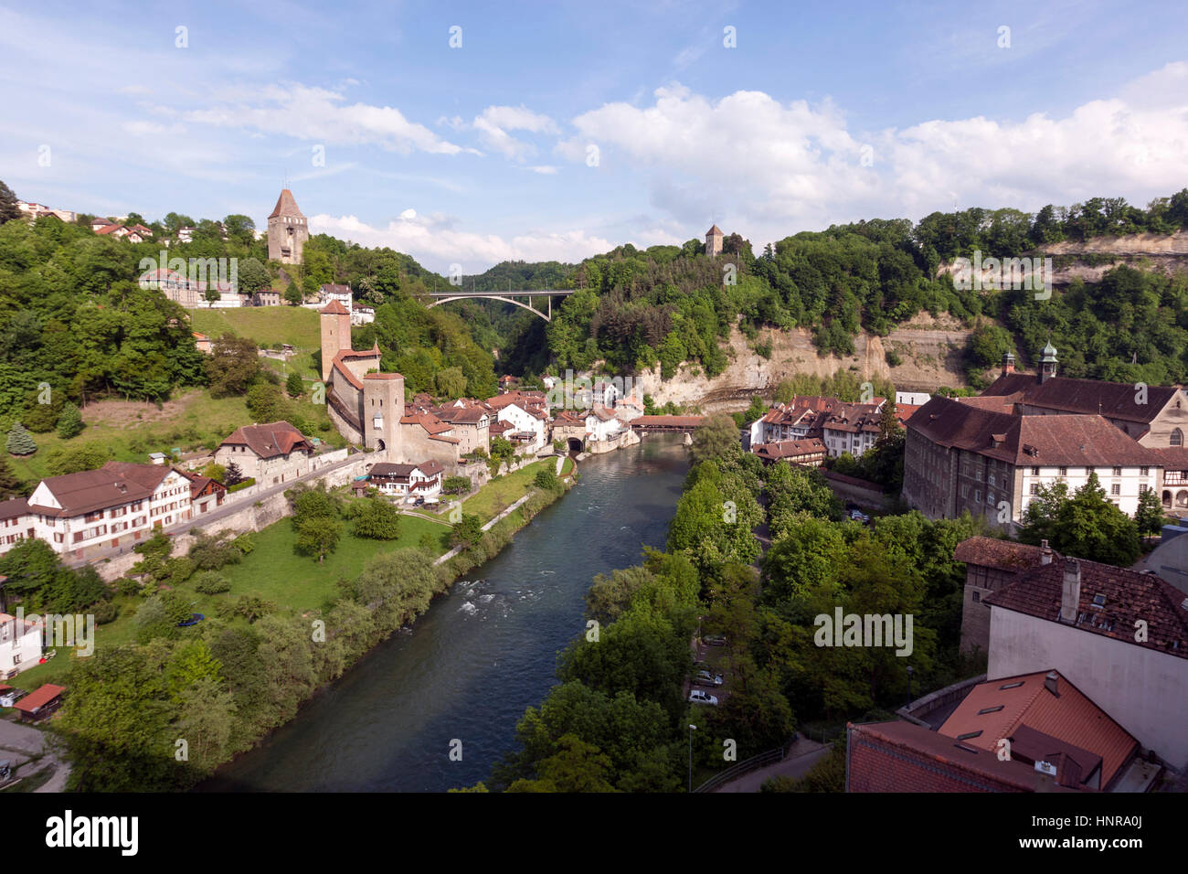 Blick auf Freiburg und Flusses Saane, Schweiz Stockfoto