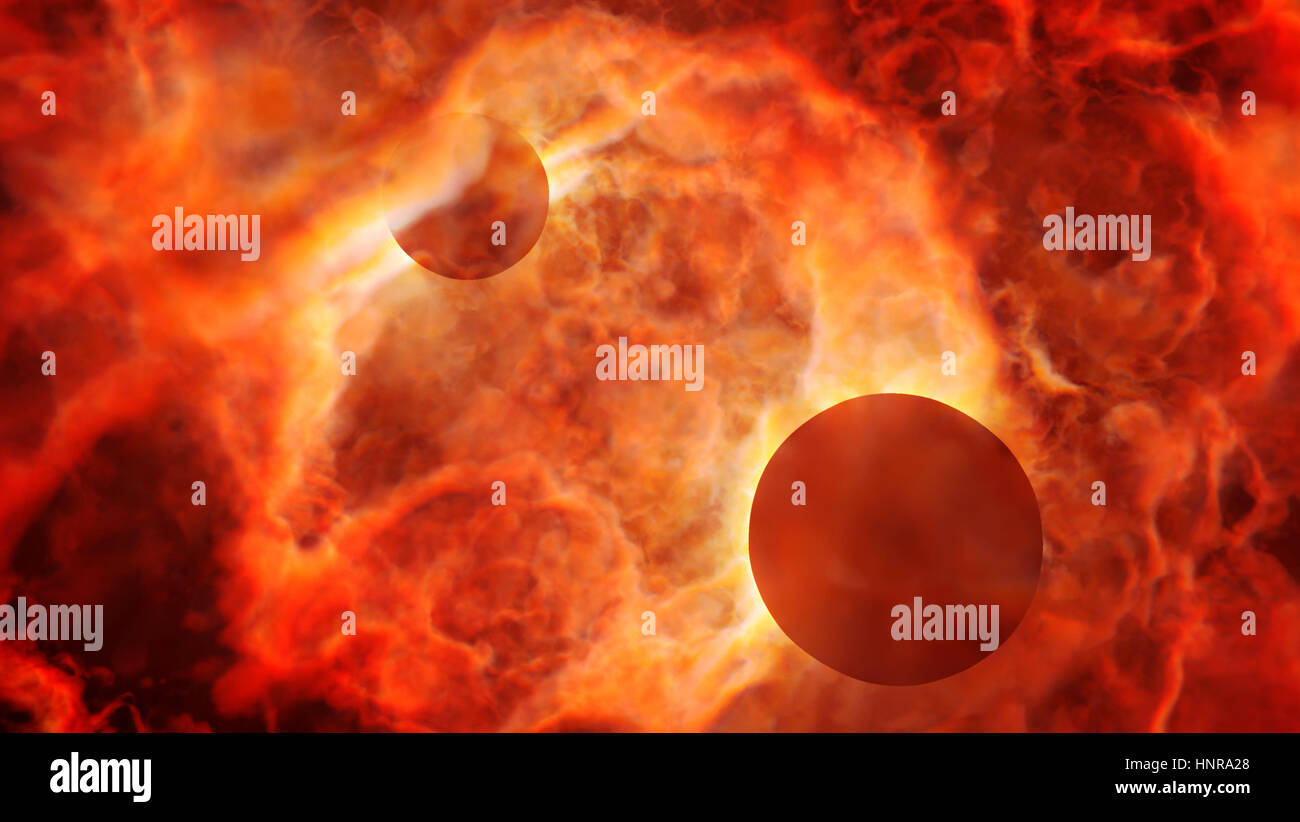 zwei Planeten in eine schöne lebendige Nebel - Raum-Szene in den Farben rot und orange Stockfoto