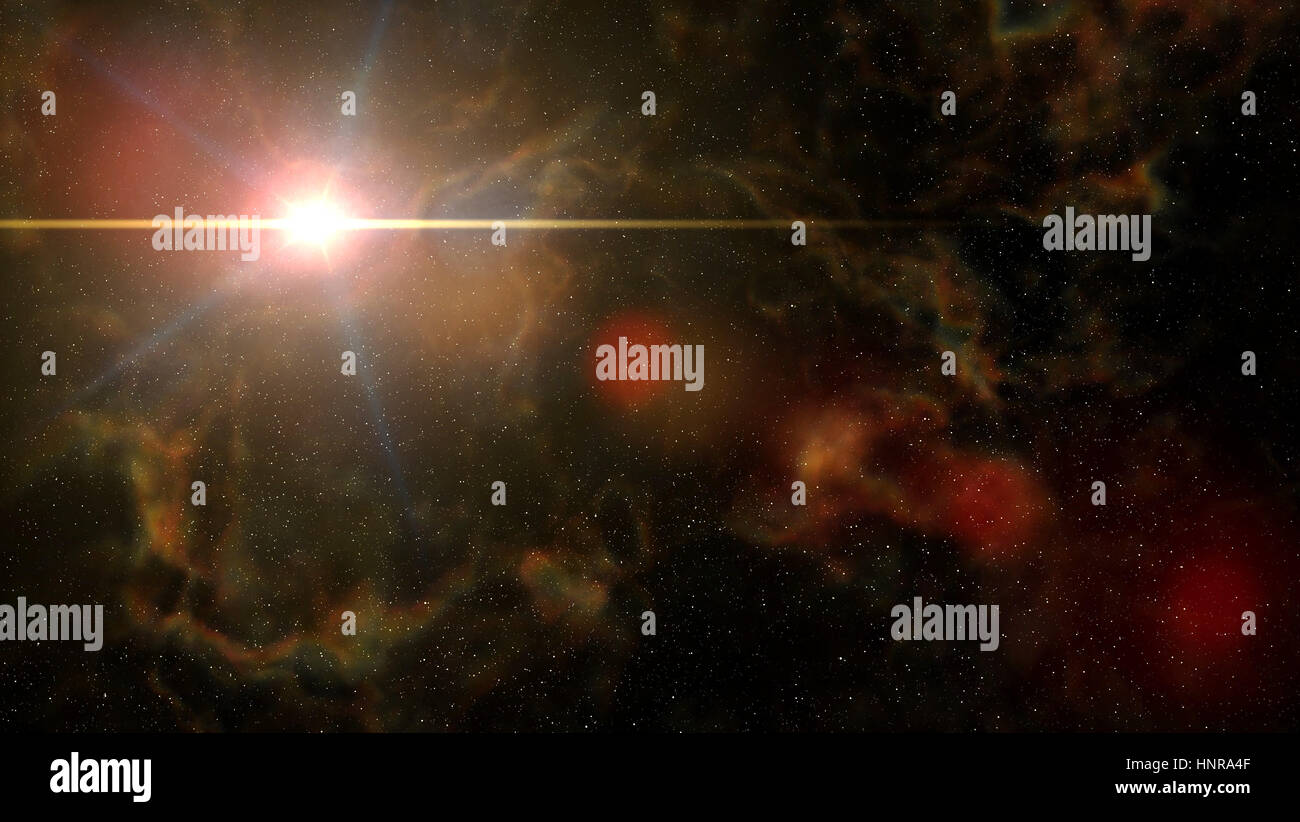 Raum-Szene: helle schöne Sterne leuchten im Deep Space mit bunten Nebel und intensive Lens-Flare-Effekt Stockfoto
