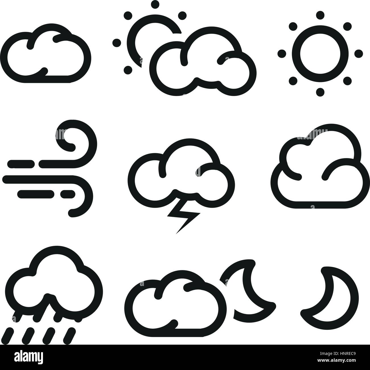 Schwarze und weiße Farbenelemente der Wettervorhersage Symbolsammlung in Lineart Stil isoliert. Stock Vektor